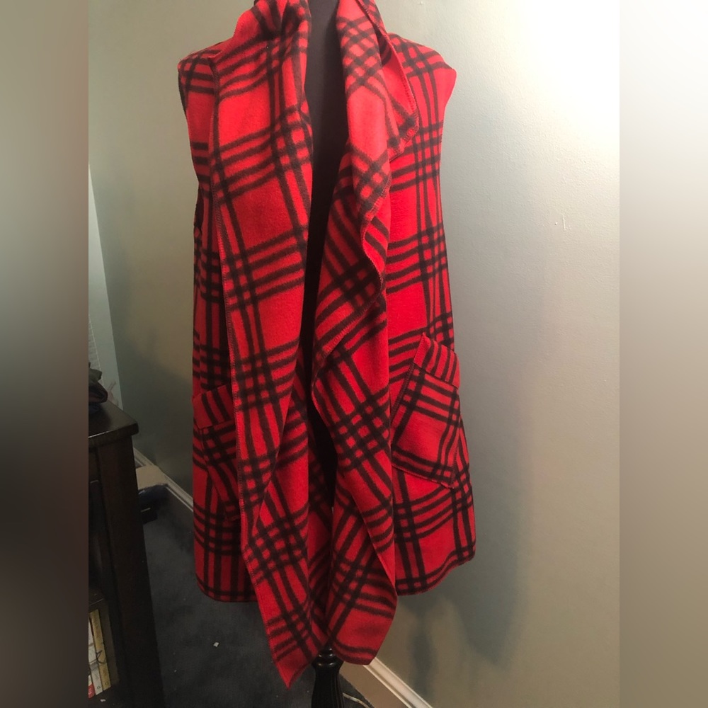 Beautiful Red & Black plaid open vest/cardigan - brand new - one size fits most